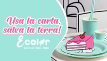 Immagine che mostra piatti e bicchieri colorati con un design di torta e decorazioni in toni pastello. Il testo recita 'Usa la carta, salva la terra!' con il logo Ecolor sotto.