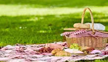 Un cestino da picnic su una tovaglia a quadri rossi e bianchi, con vari alimenti come frutta, pane e formaggi, su un prato verde.