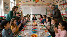 Festa di compleanno a scuola con bambini e maestri