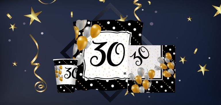 Set di articoli da festa con il numero '30', inclusi bicchieri e tovaglioli, decorati con palloncini dorati, argentati e stelle dorate su sfondo nero, perfetti per celebrare un 30° compleanno.
