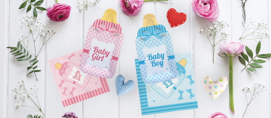 Foto dei coordinati Baby girl e Baby boy, decorazioni a forma di biberon